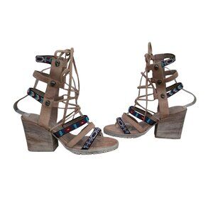Donald & Lisa Pliner Signature Skull Beaded Leather Gladiator Sandals Heels 6